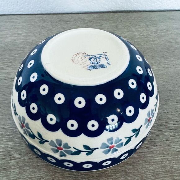 Boleslawiec Polish Pottery Blue Circles Floral Ceramic Soup Bowl - Picture 6 of 6